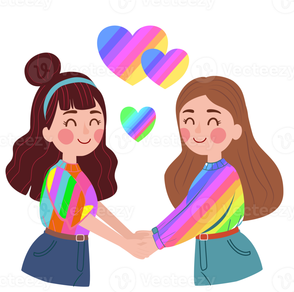 Cute cartoon illustration of two girls in love holding hands png