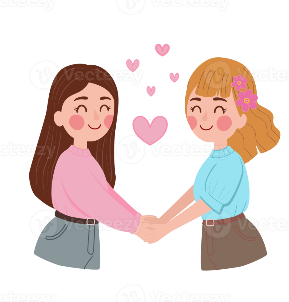 Cute cartoon illustration of two girls in love holding hands with a pink heart above. LGBTQ pride and love png