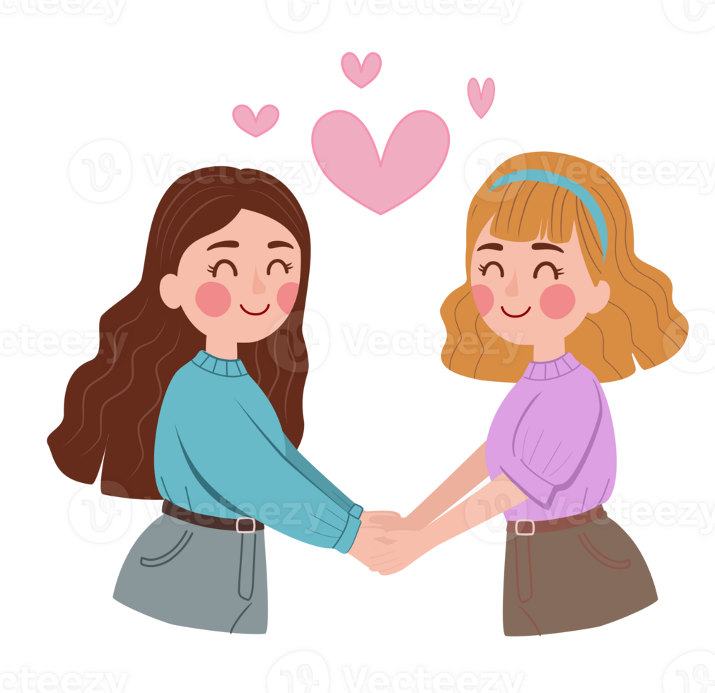 Cute cartoon illustration of two girls in love holding hands with a pink heart above. LGBTQ pride and love concept. png