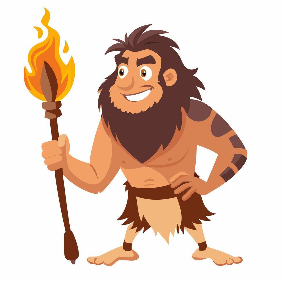 Primitive cave man holding up a torch. Prehistoric neanderthal character. Colorful isolated illustration on white background vector
