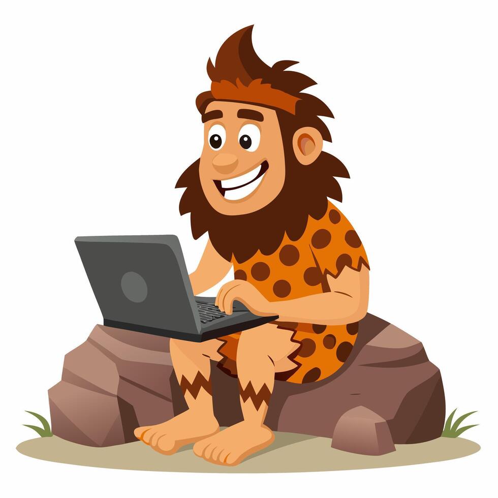 Primitive cave man using a laptop. Funny Stone Age man with beard works on compute Prehistoric neanderthal character. Colorful illustration on white background vector