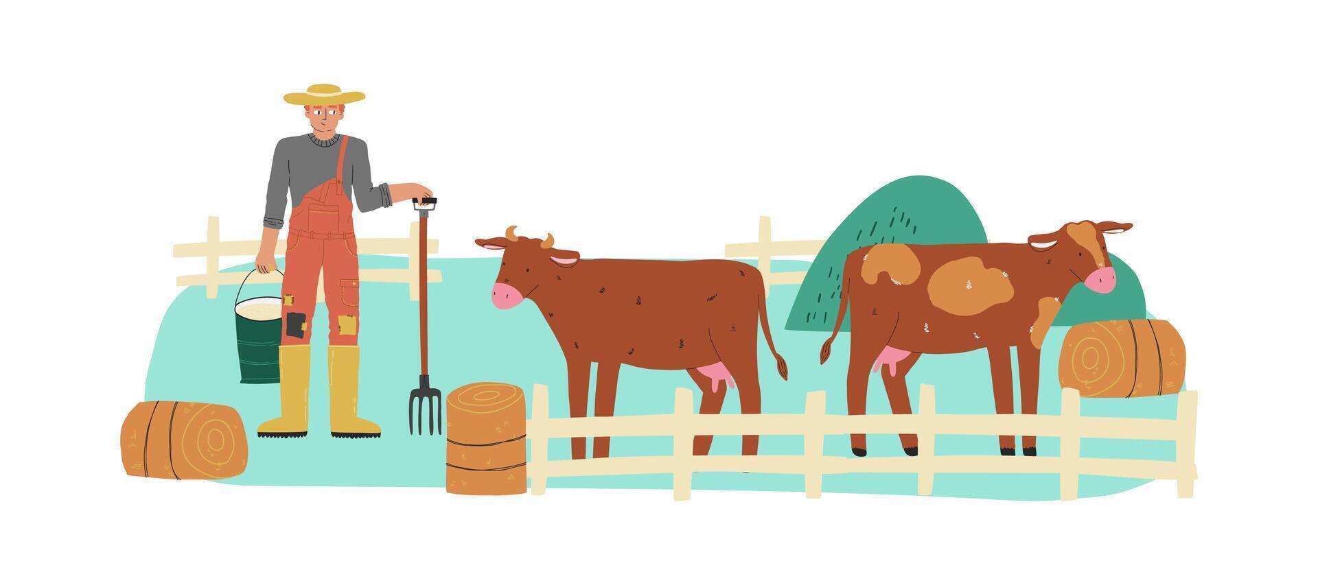 Flat style illustration of a farmer with cows and milk containers. Great for agriculture topics, educational content, and rural lifestyle visuals vector