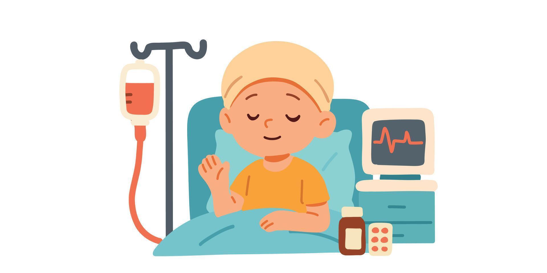 child with IV and monitor, modern technology in child treatment vector