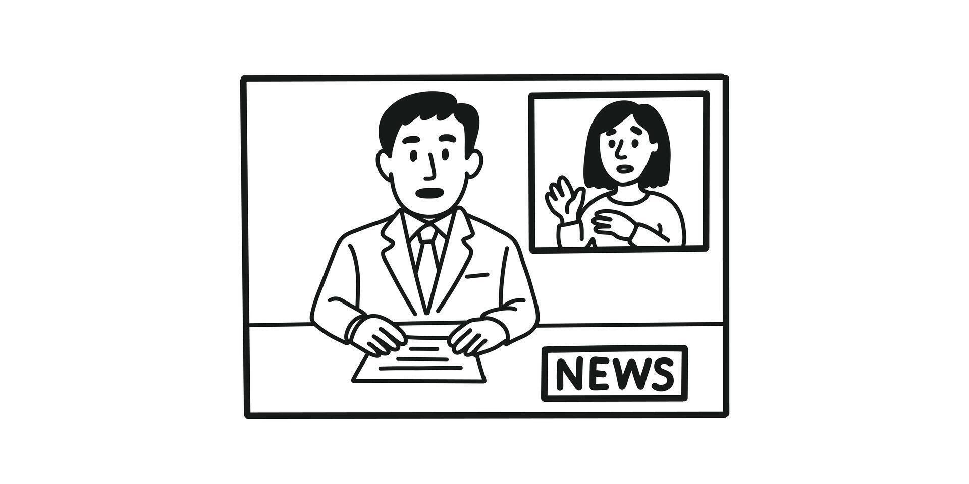 news with on-screen sign language interpreter, broadcast accessible for the deaf vector
