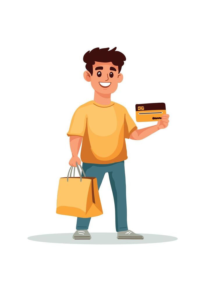 cashless purchase, man with bag and card vector