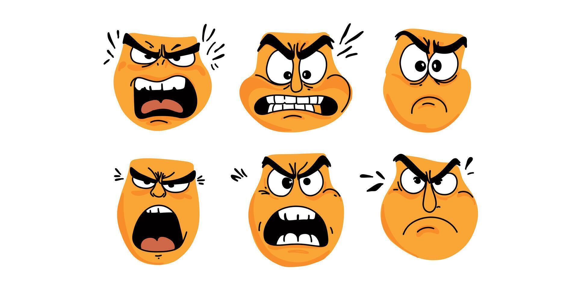 aggressive cartoon faces, anger and rage emotions vector