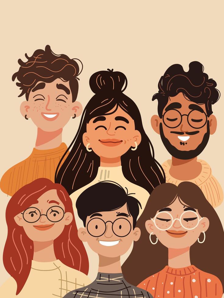 joyful group of friends radiating positivity and energy on a bright background vector