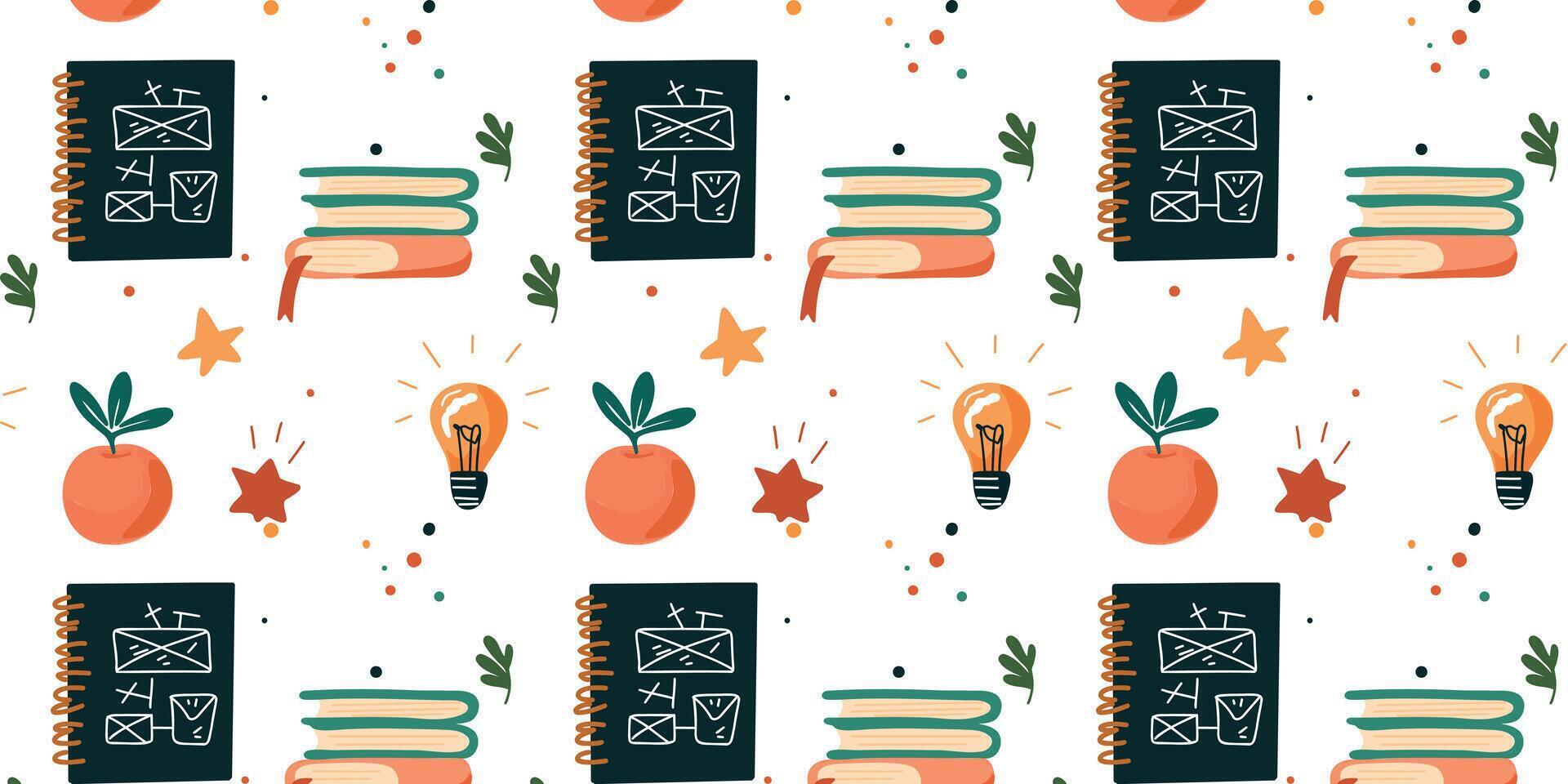seamless pattern for education and creativity books, light bulbs, and board vector