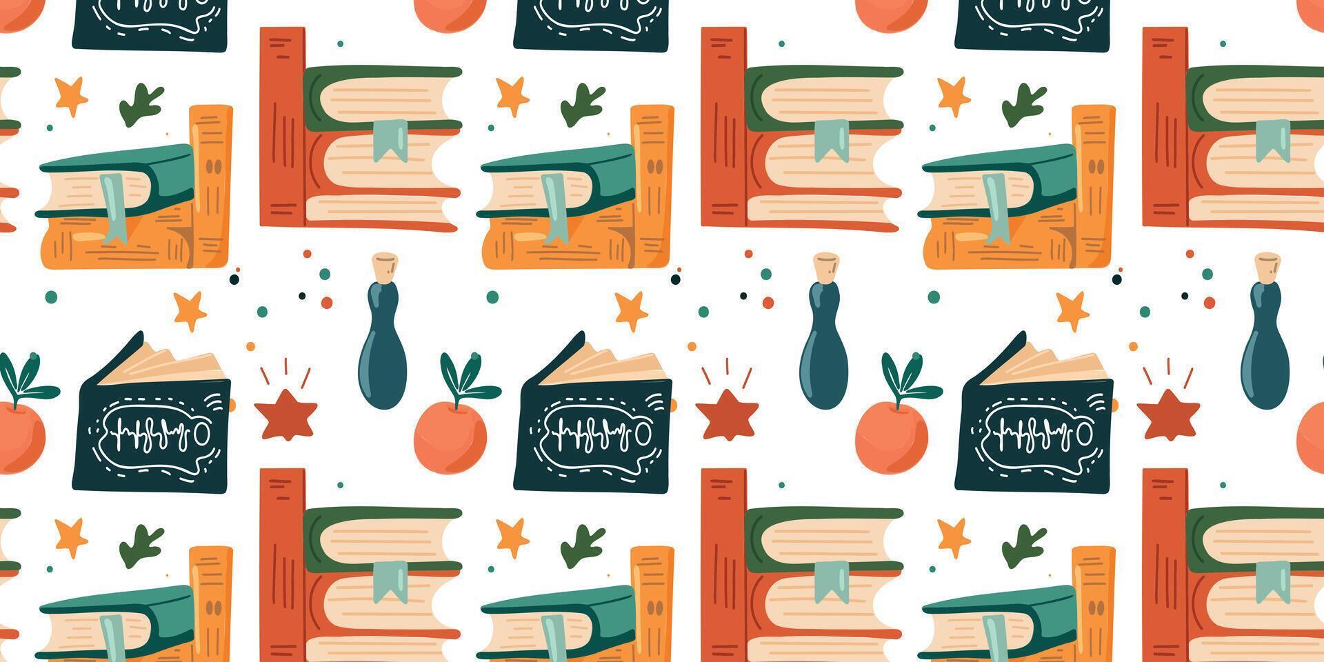 Seamless pattern with educational elements stack of books, board with equations, flashcards, and light bulbs vector