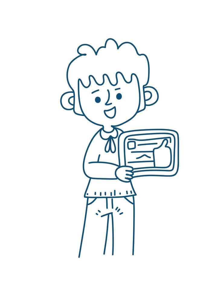 modern child with gadgets in doodle line style vector