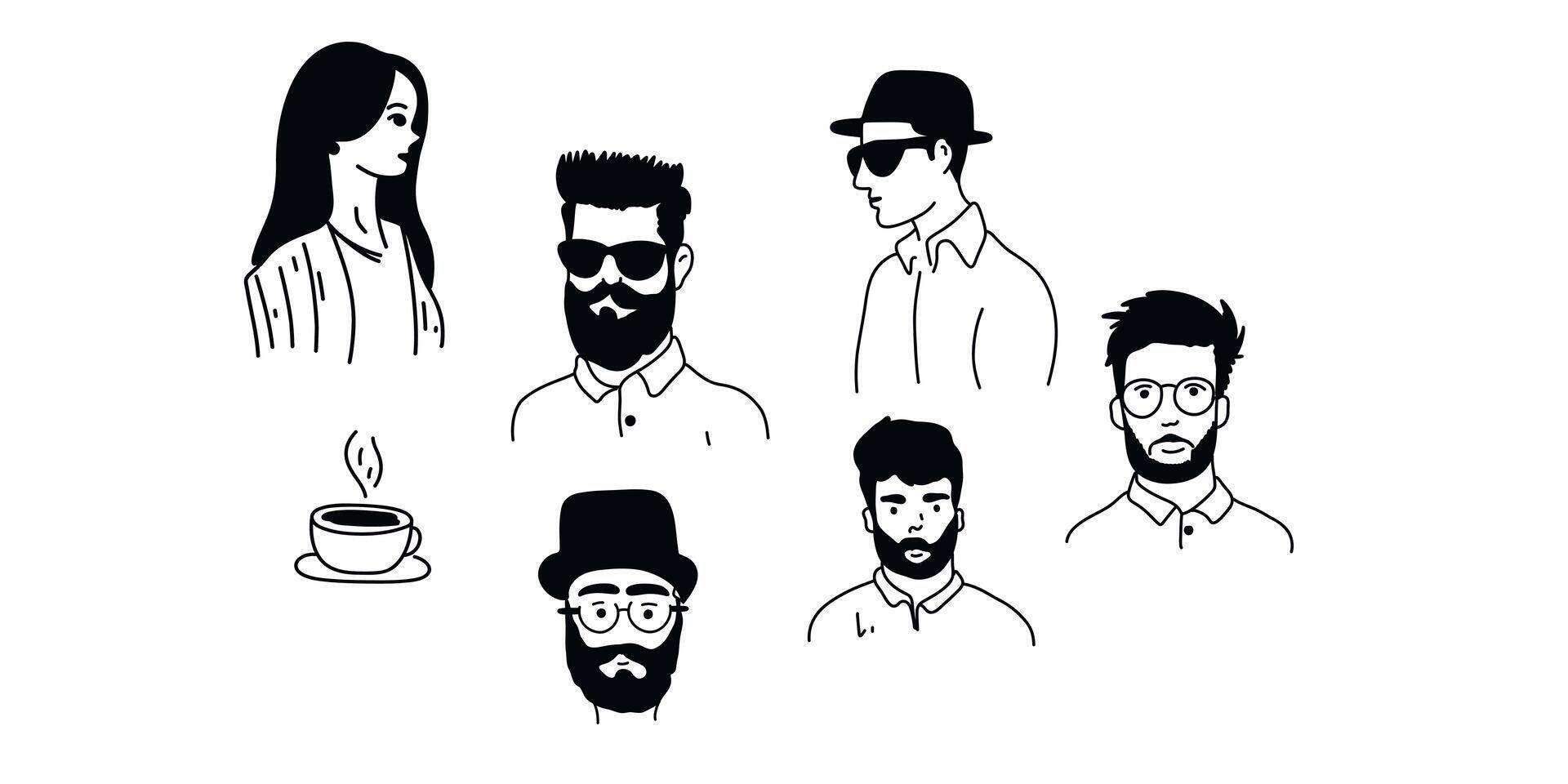 Collection of male faces in line art vector
