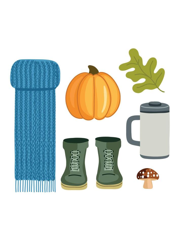 set of autumn elements in cartoon style vector