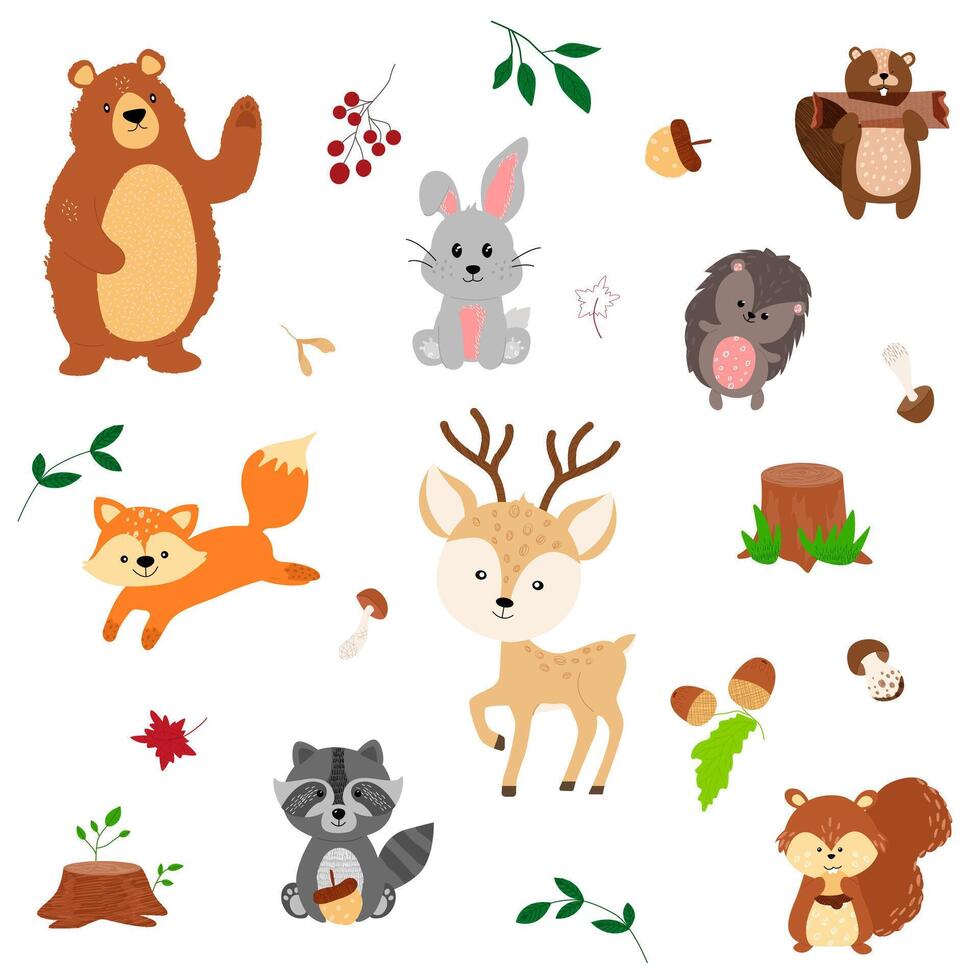 Set of cute forest animals bear, fox, squirrel, hedgehog, hare, raccoon in cartoon style with trendy textures on white background. Autumn leaves, mushrooms, viburnum, acorn, nuts vector