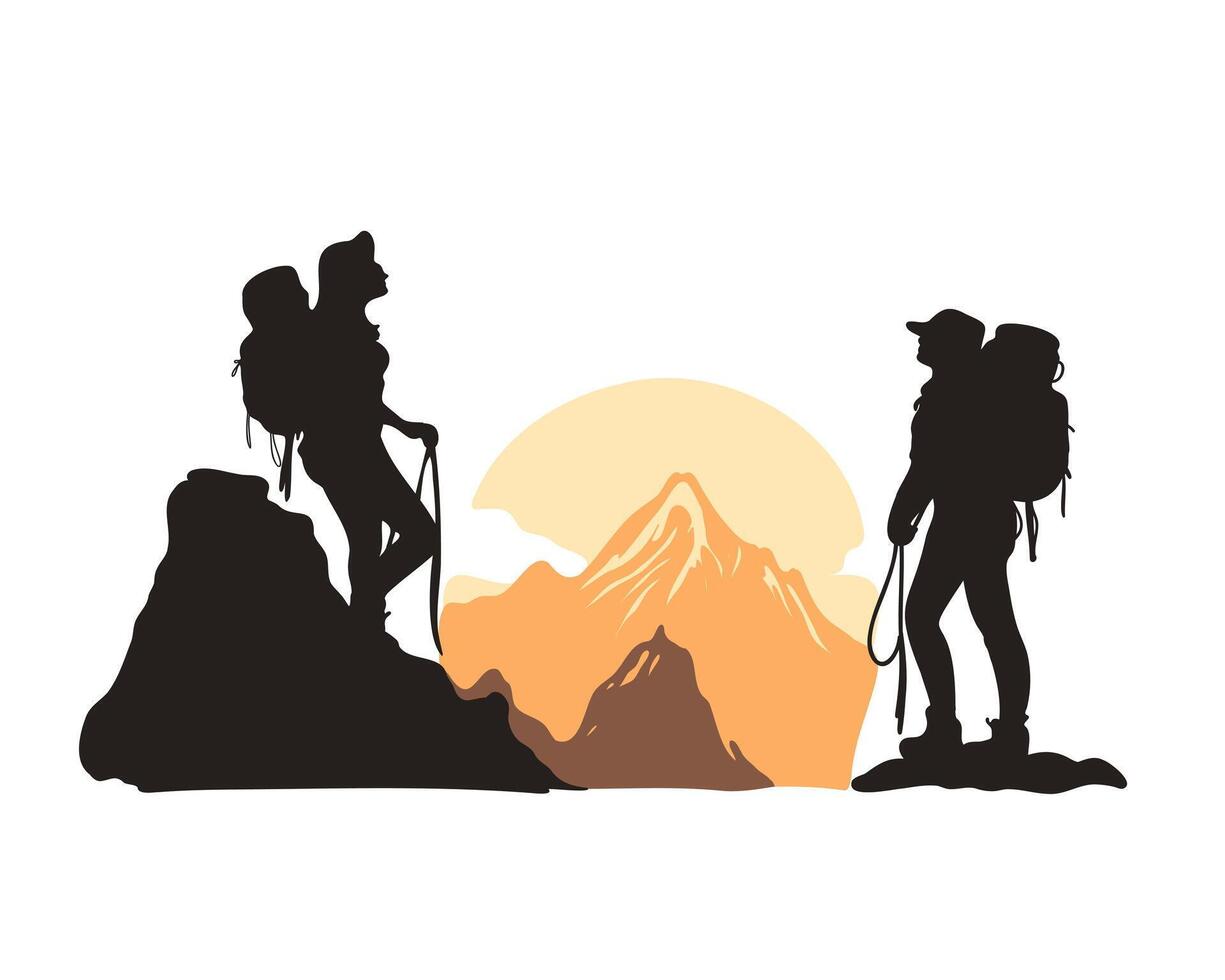 The silhouette of a couple of climbers tourists with backpacks and ropes against the background of mountain peaks vector
