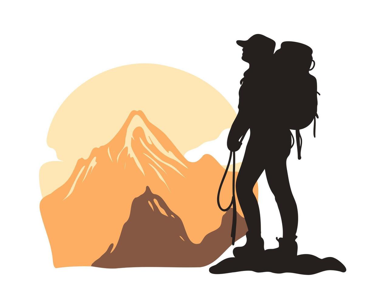 The silhouette of a climber tourist with a backpack and ropes against the background of mountain peaks vector