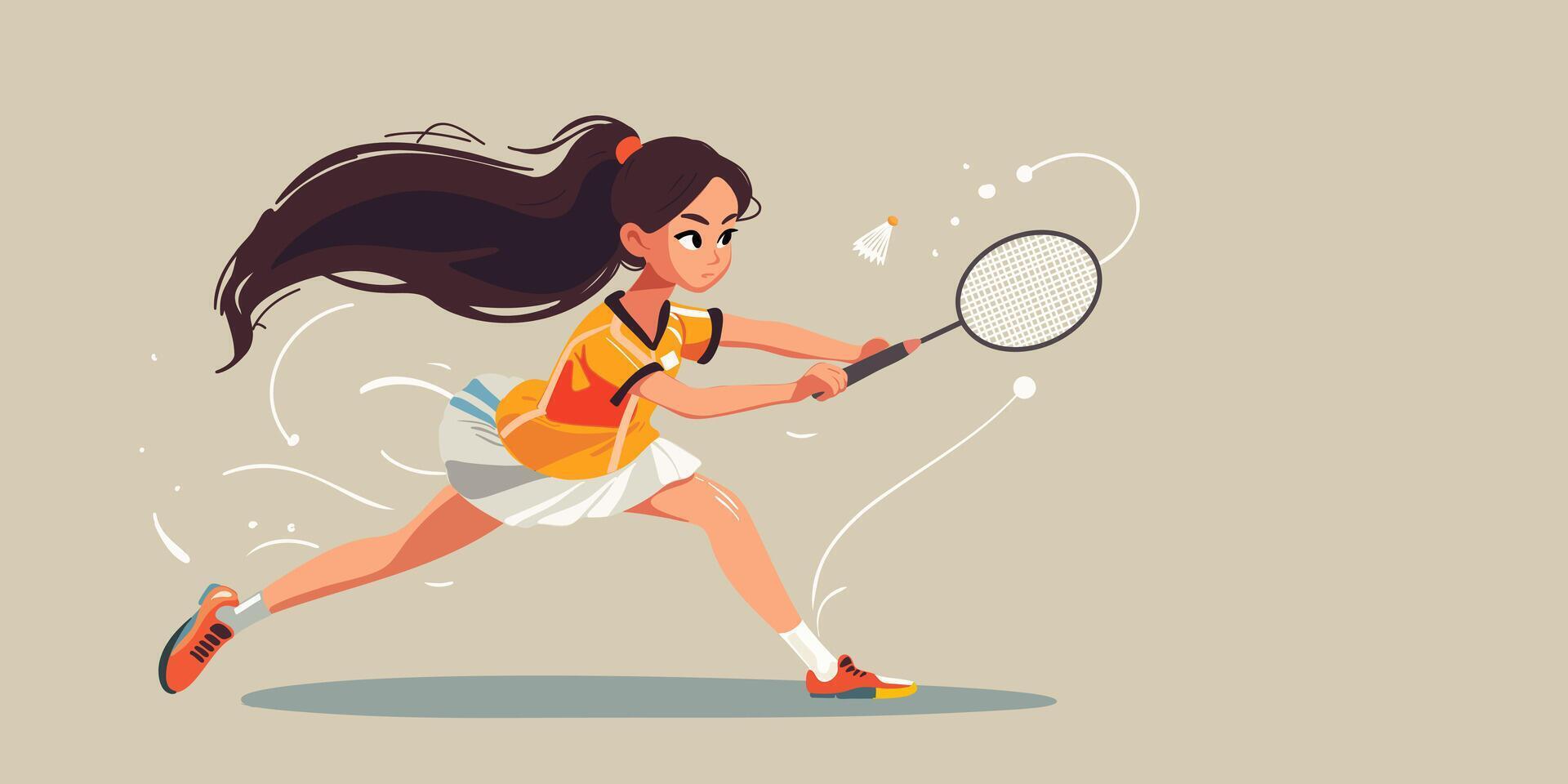 Banner. Girl badminton player in motion beats a rocket as a wax vector