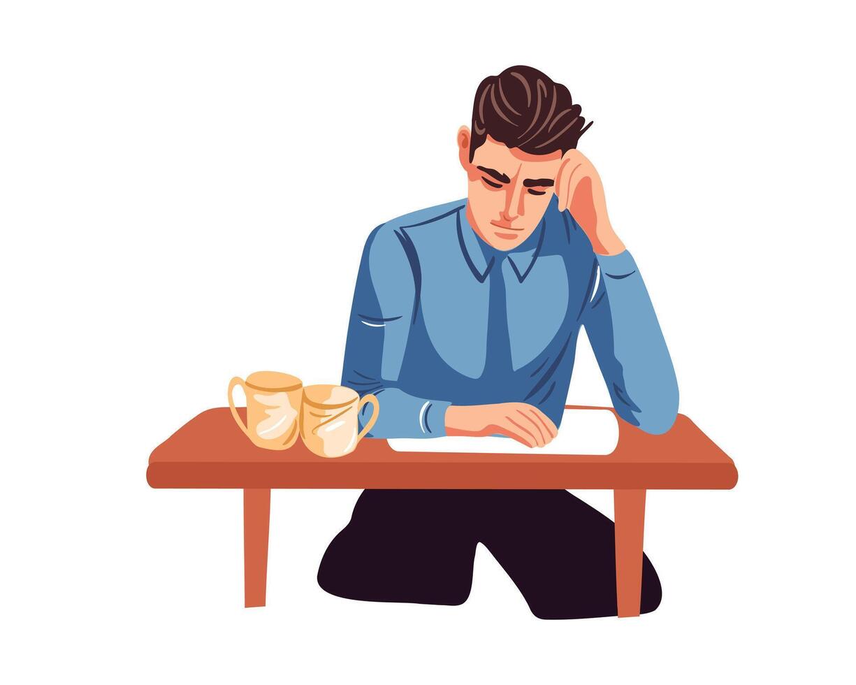 A sad man sits behind table on white background vector