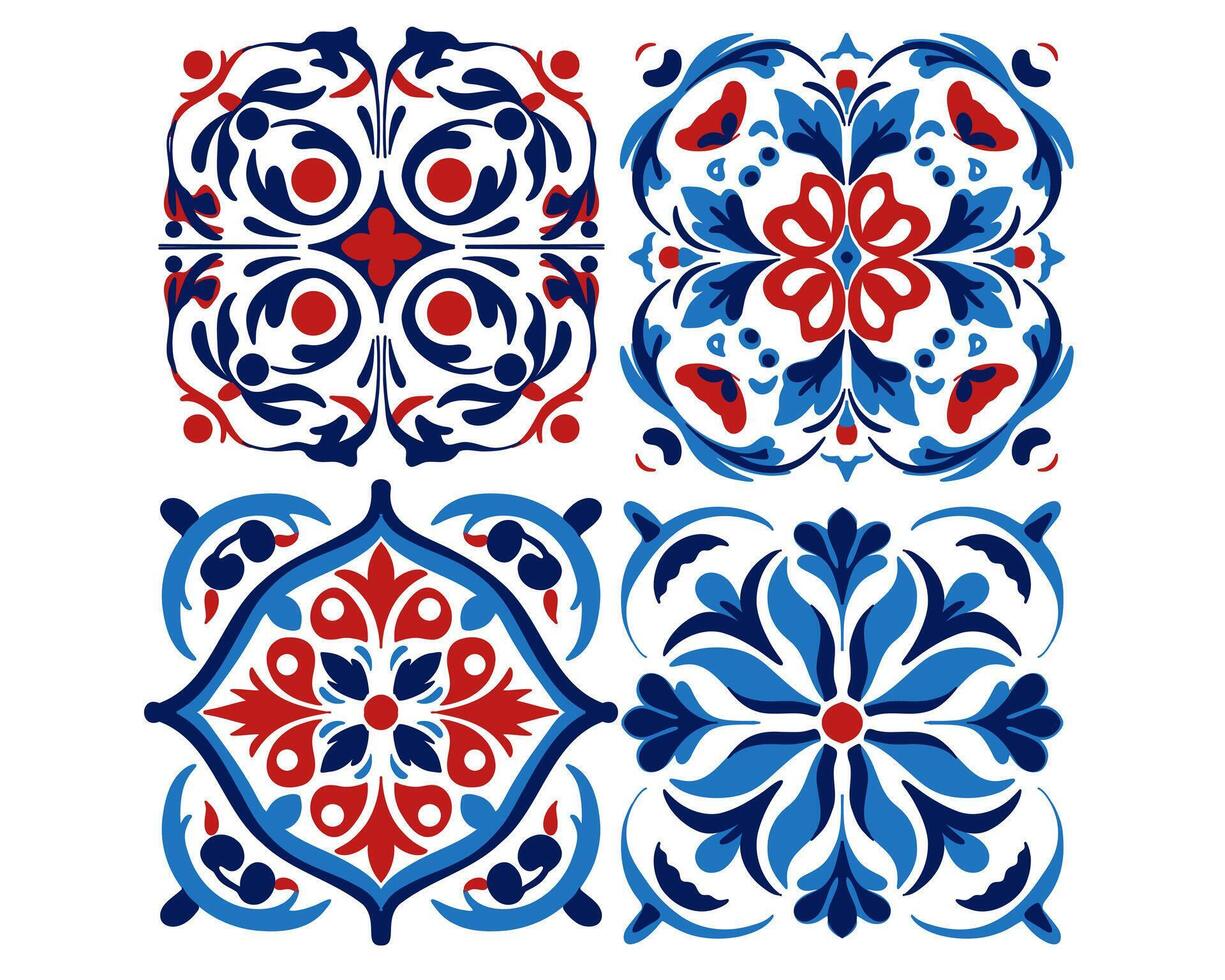 The set of Geometryc ornament texture tile pattern in blue red tones vector