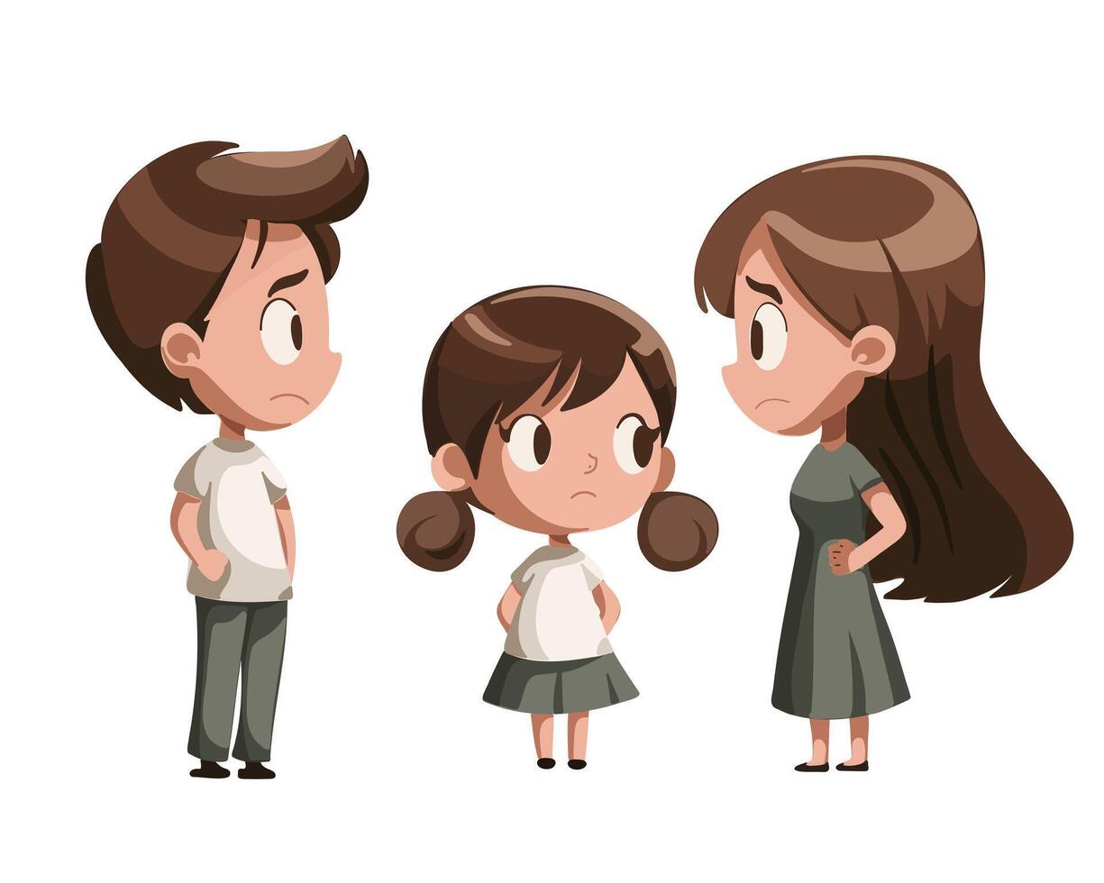 Cartoon characters, guilty girl and her frustrated parents vector