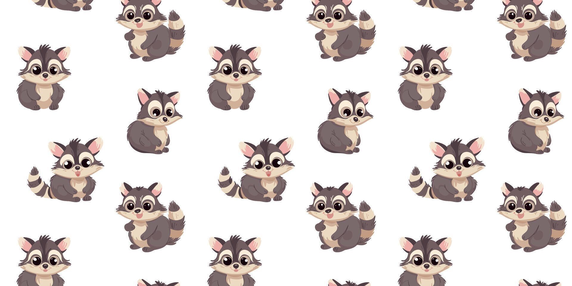Seamless pattern with cute cartoon raccoons, hand drawn illustration. vector