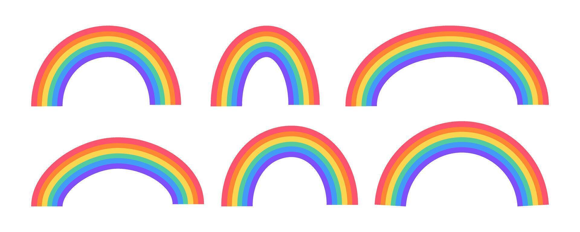 Collection of 6 colorful rainbow in different arc shapes. Bright and simple illustrations perfect for kids designs, pride graphics vector
