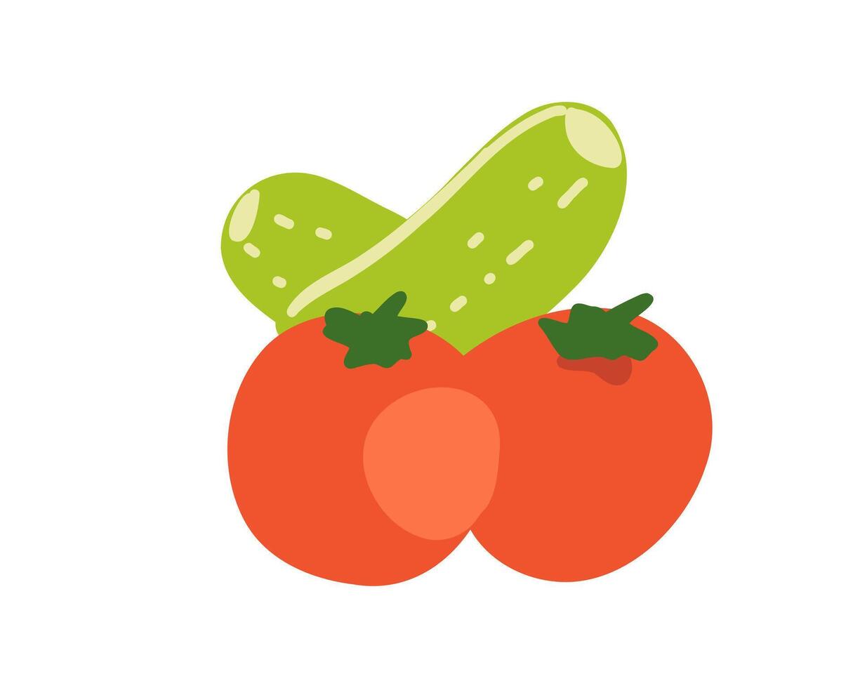Red tomato and green cucumbers on a white background in the style of illustration vector