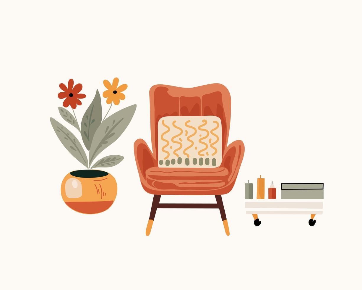 The armchairs and interior potted home flower and table with candles vector