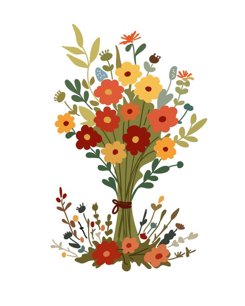 Beautiful bouquet with wildflowers. Botanical illustration in minimal style. vector