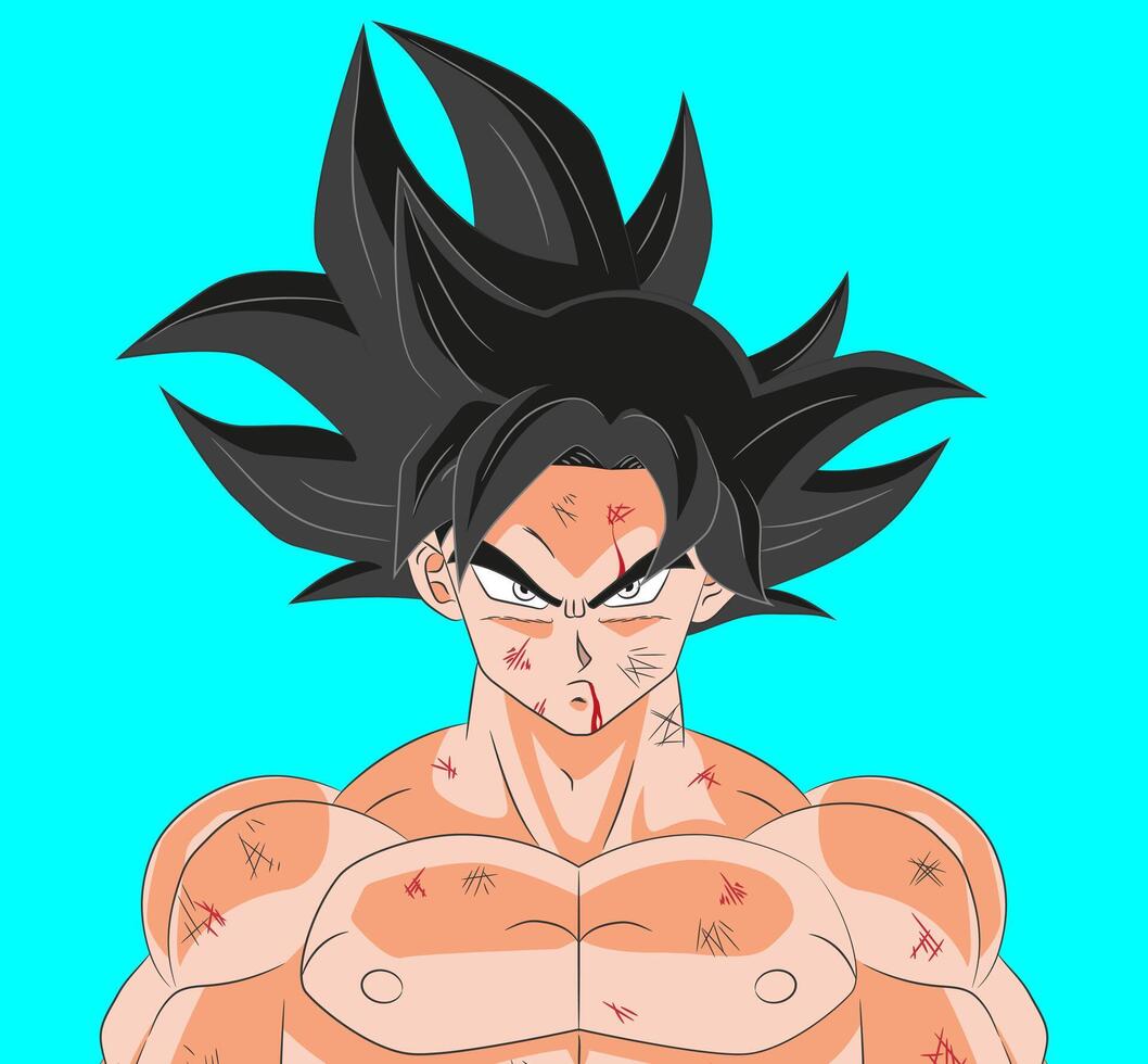 Epic illustration of Goku Ultra Instinct sign with combat damage vector