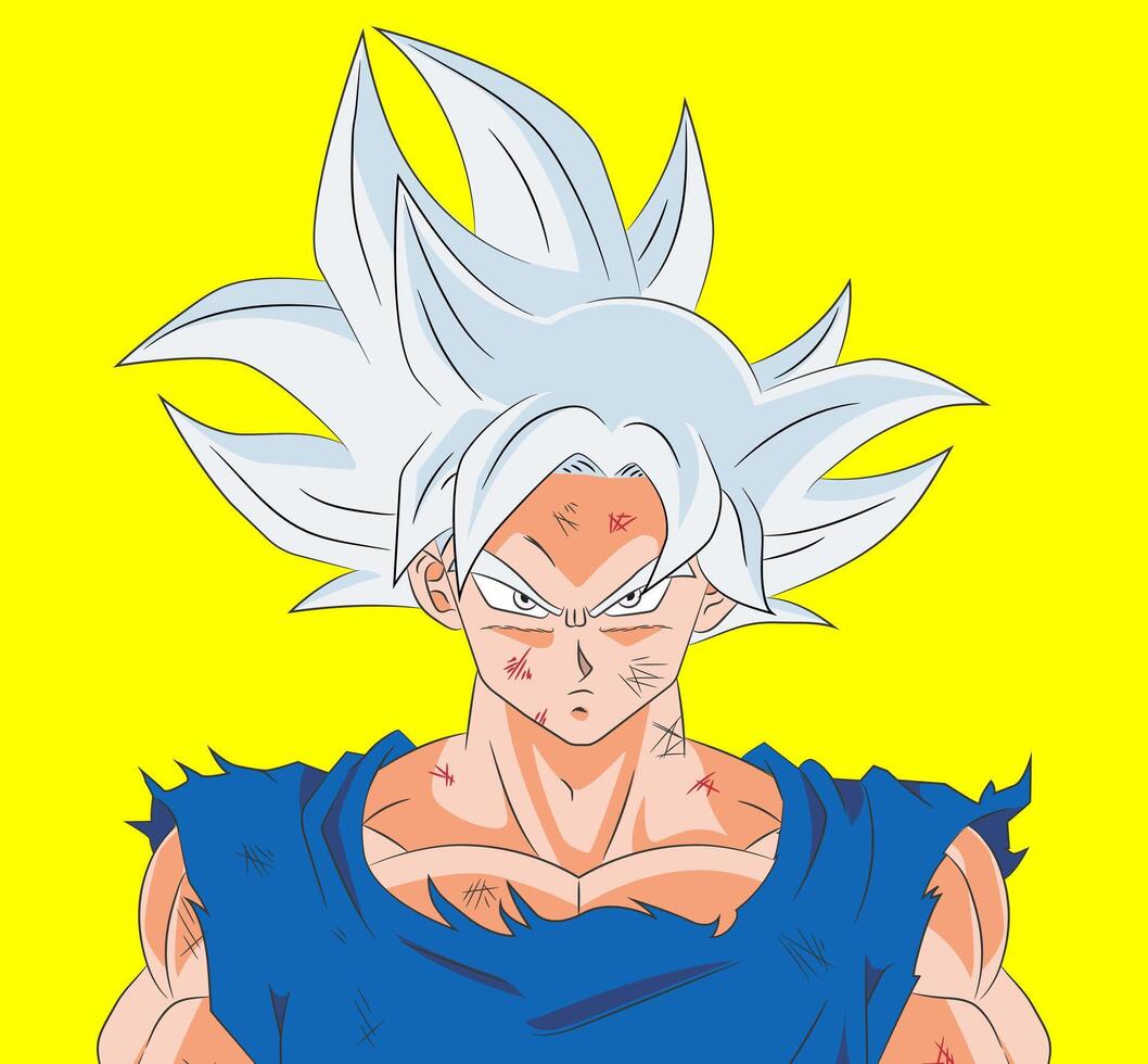 Illustration of Goku in Ultra Instinct with battle worn outfit vector