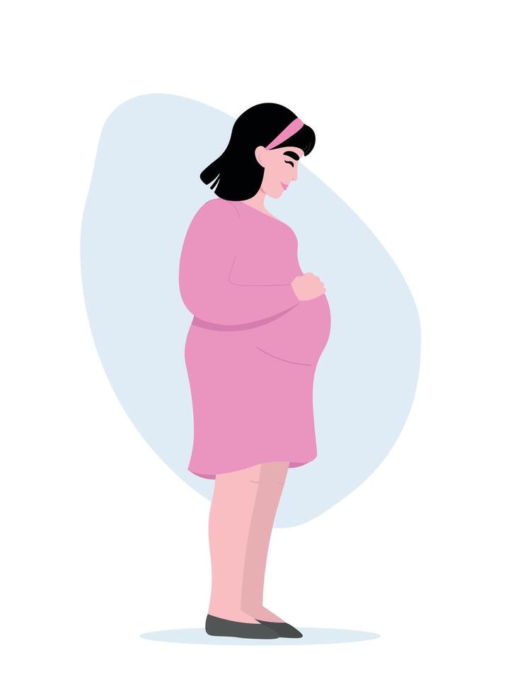 Pregnant woman standing full length in profile. Happy future mother. flat graphics. vector
