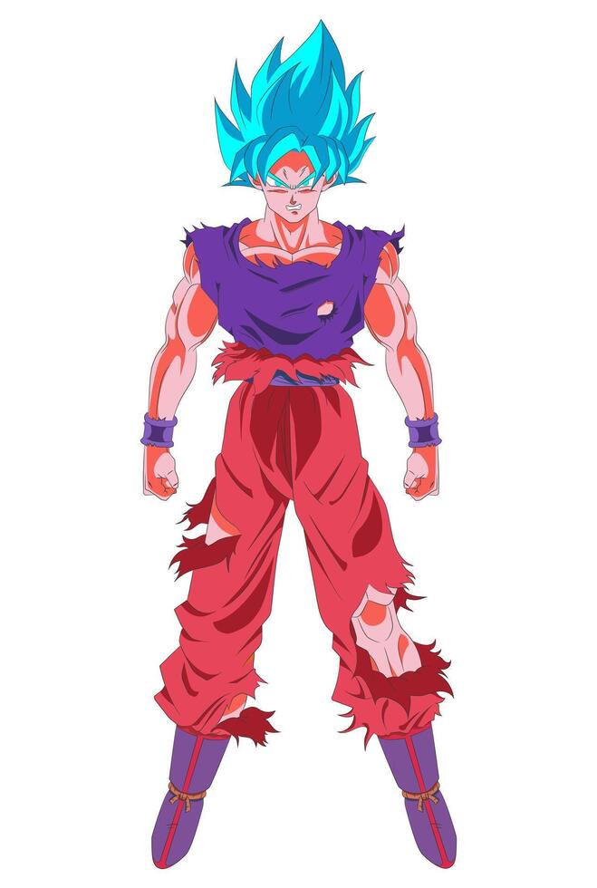 2D illustration of Goku SSJ Blue Kaio Ken with combat damage on blue and red suit vector