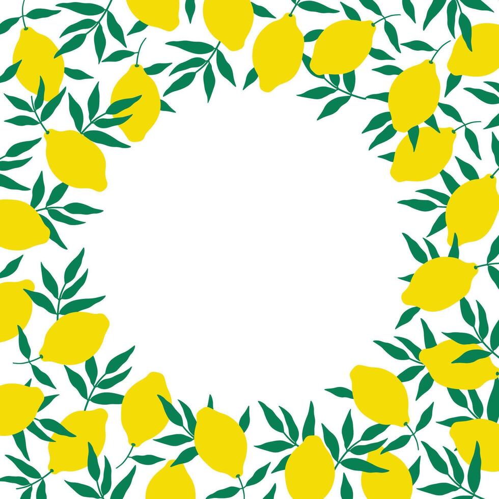Border card with lemons for text in flat style. Hand drawn template with citrons, leafs, lemon plants. Food and drink, ingredient for cooking, baking, alcohol. Design element for label, print, sign vector