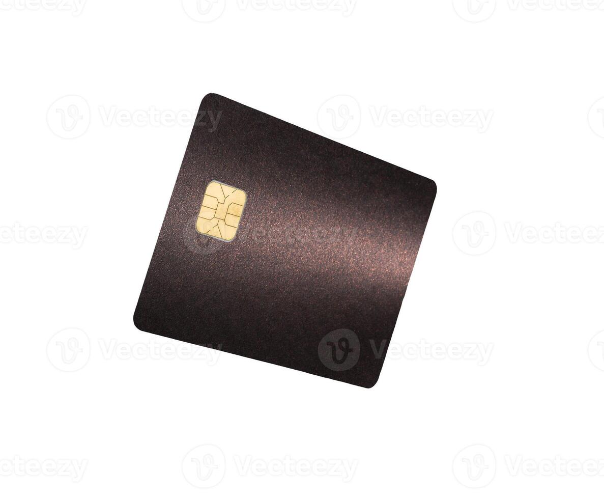Glossy payment card concept. Tilted shiny plastic bankcard with chip shown in perspective for credit photo