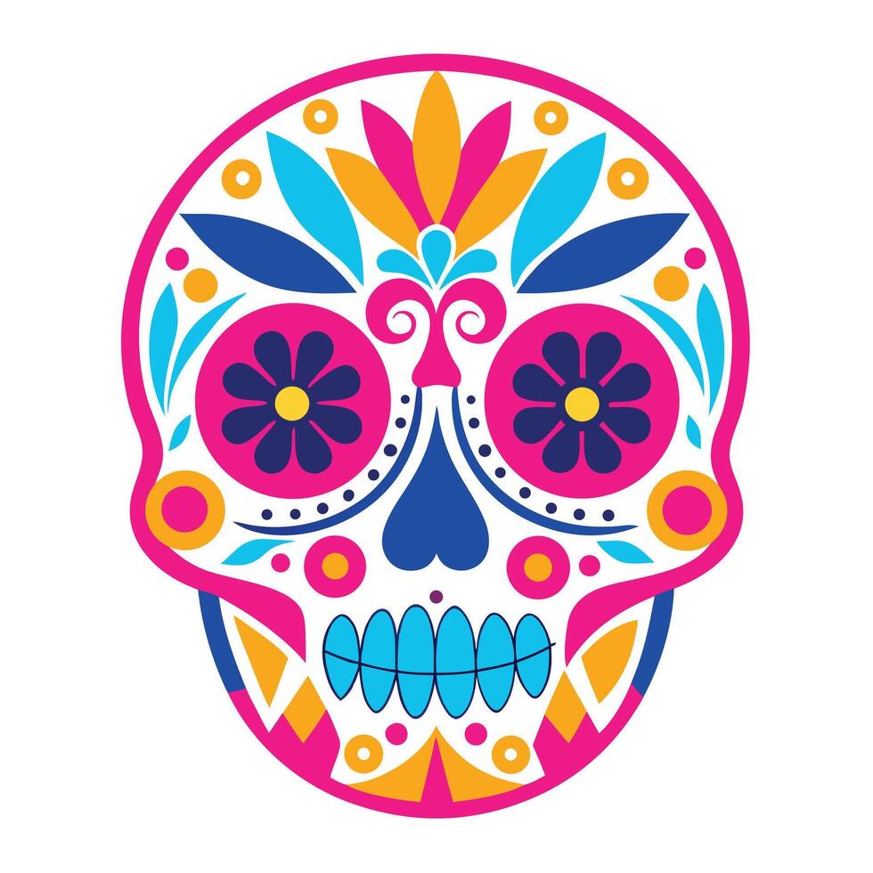 Brightly Colored Sugar Skull with Floral Accents on White Background, Dia de Muertos vector