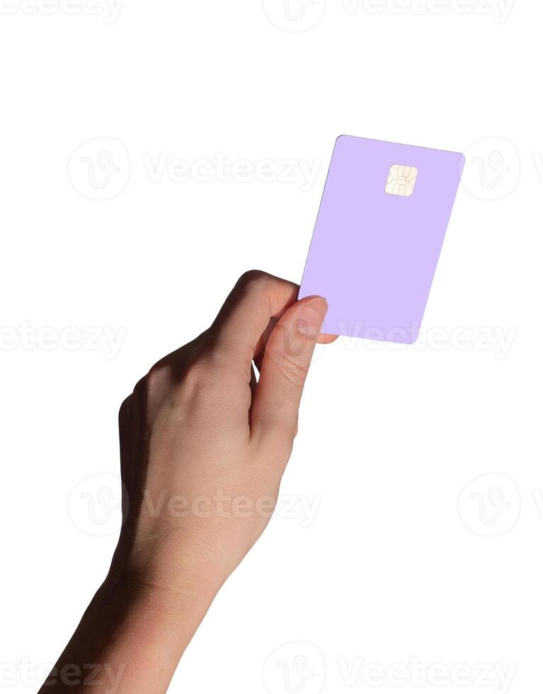 Bank card in hand. Plastic card with chip held for credit, debit, loan, cashback, online shopping, photo