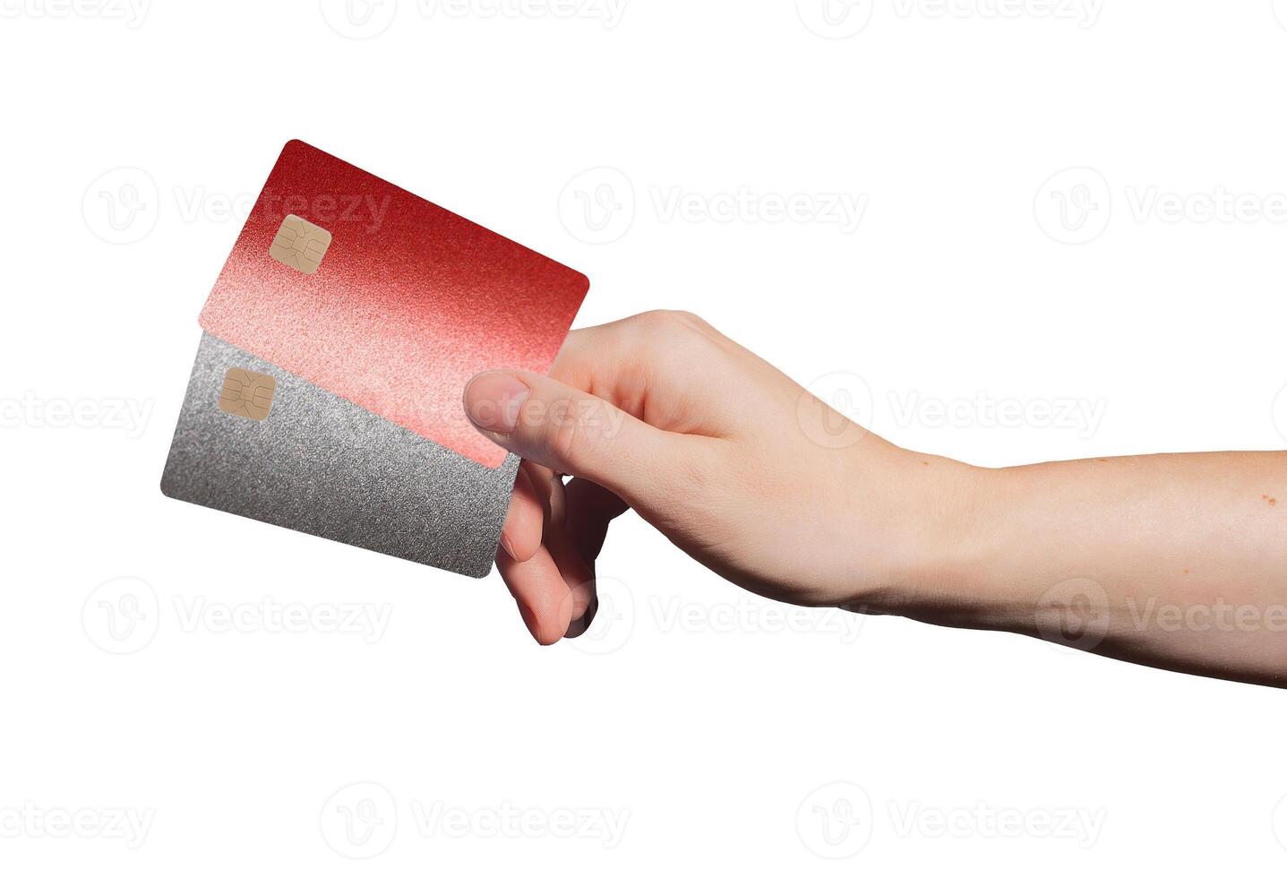 Electronic bankcard pair. Hand holding two modern plastic cards with chip for credit, debit, photo