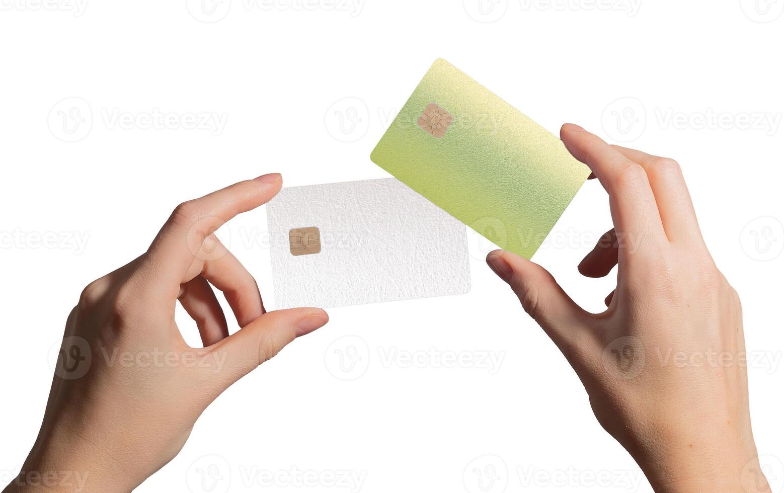 Smart payment offer. Hand holding two plastic bankcards with chip for credit, debit, cashback, photo