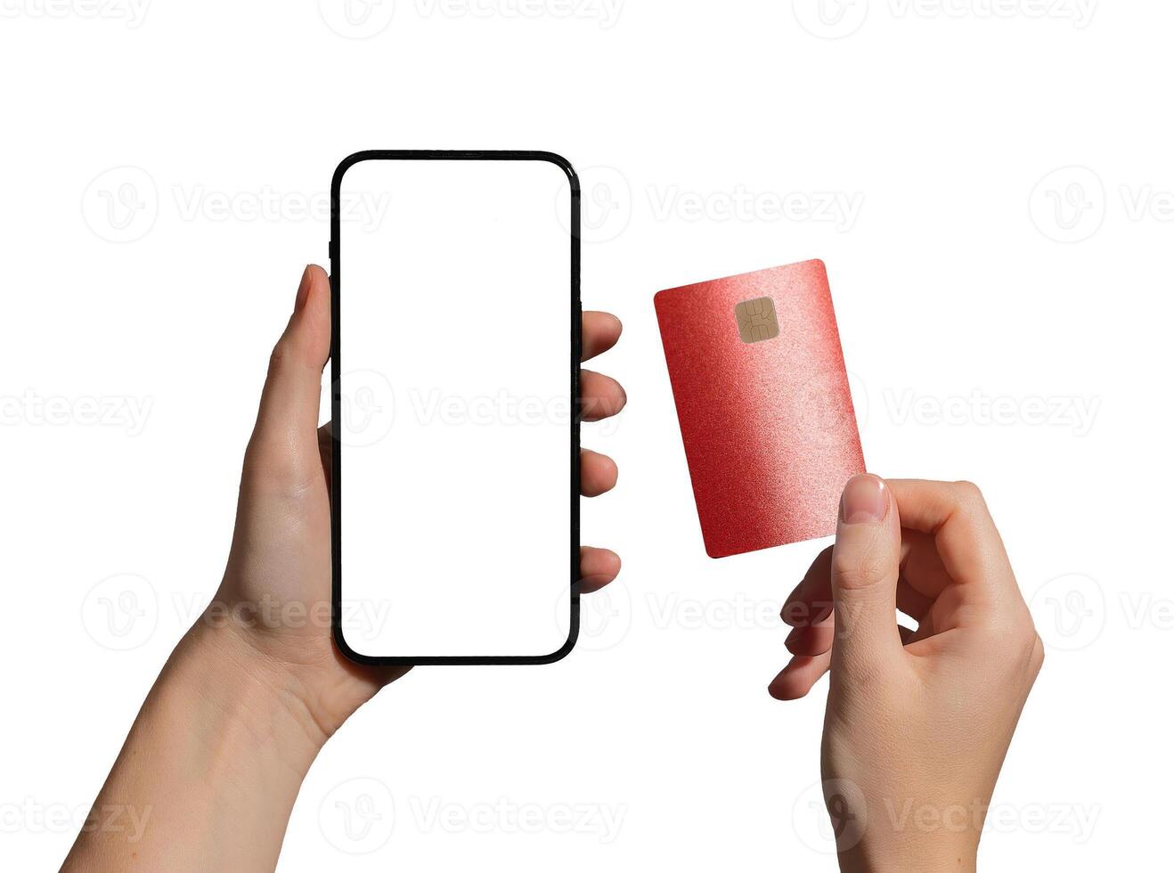 Bank card and phone app. Hand holding smartphone and plastic chip card for credit, debit, cashback, photo