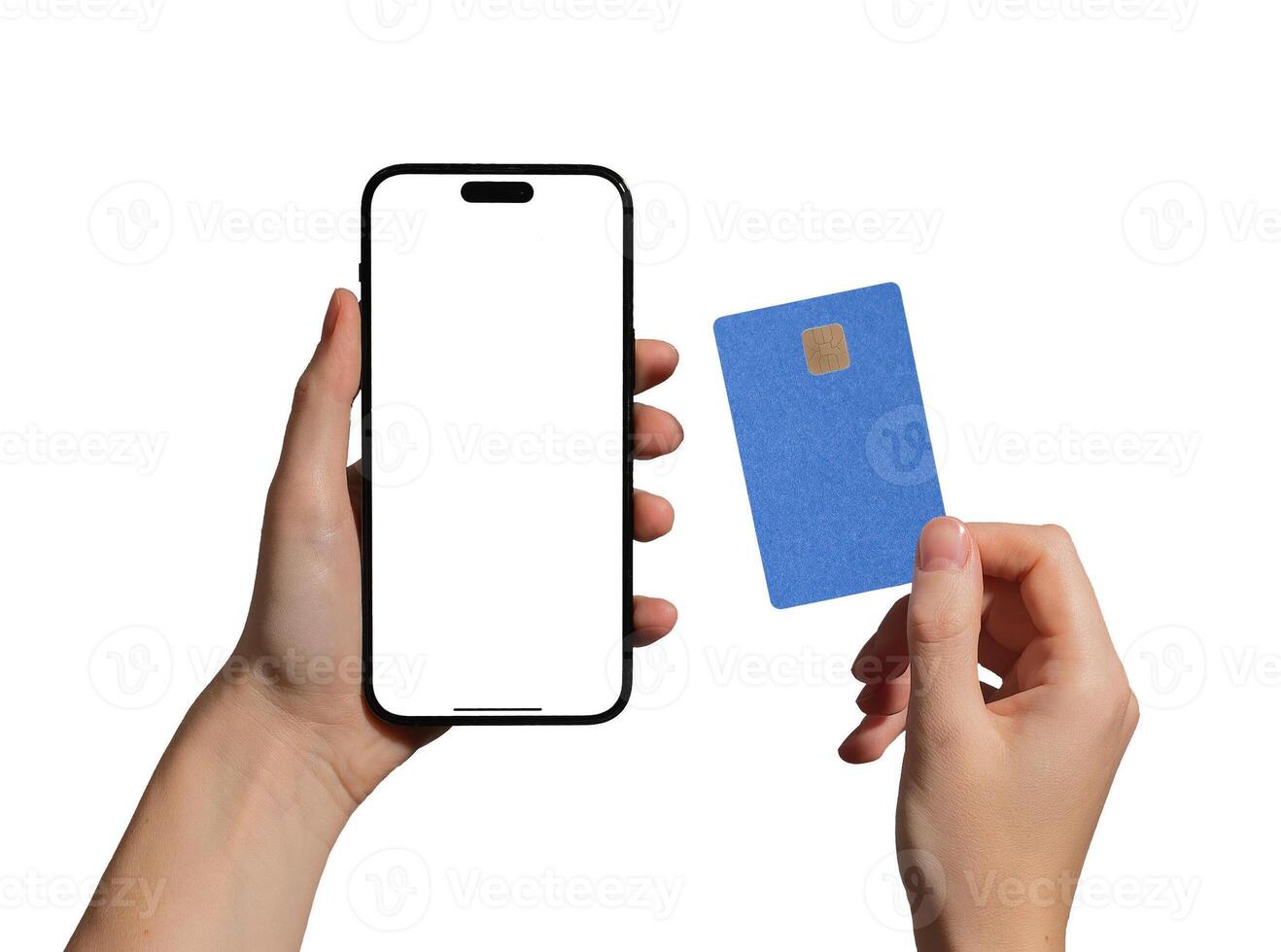 Smartphone with debit card. Hand holding mobile phone and plastic card with screen app for credit, photo