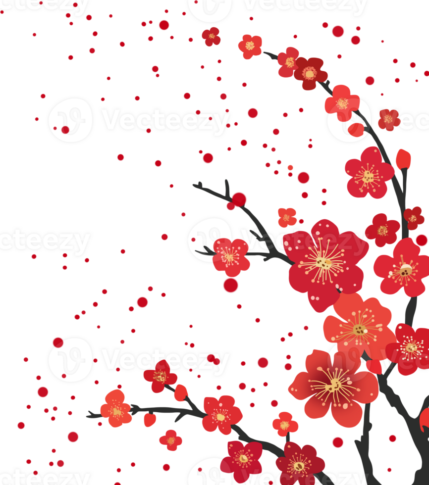 Vibrant illustration captures beautiful red plum blossoms gracefully adorning dark branches, with scattered petals adding a dynamic touch. png