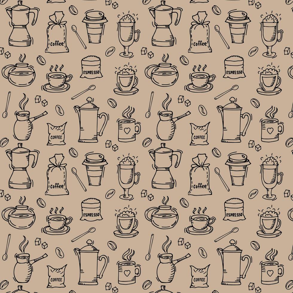pattern with tea and coffee theme, hand drawn in cartoon style. vector