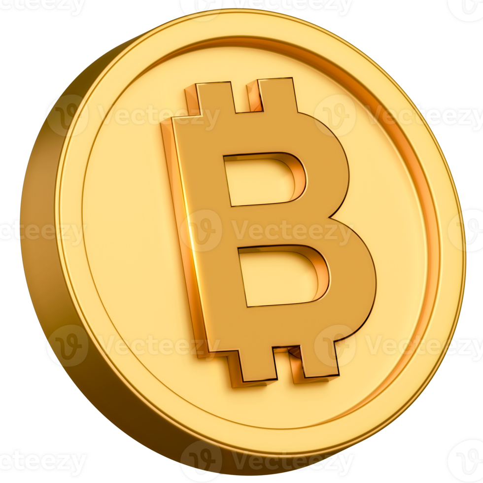Golden Bitcoin BTC Coins isolated on transparent background. Cryptocurrency, electronic payments with account storage on blockchain. png