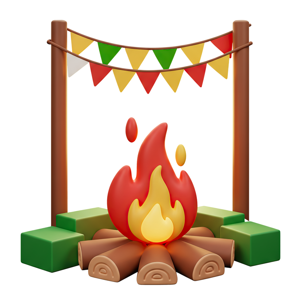 A campfire with bunting and flags png