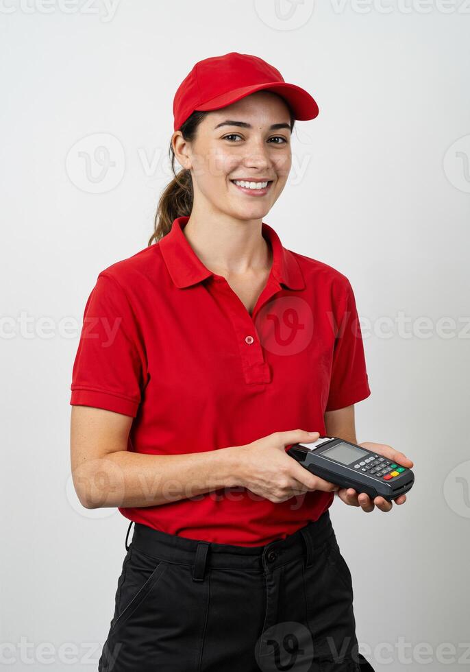 A woman in a red shirt holding a credit card photo