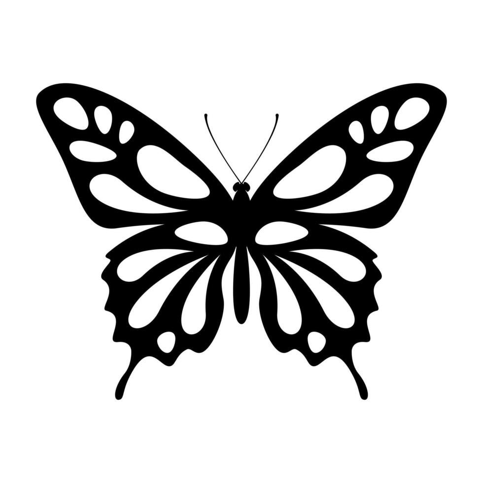 Butterfly swallowtail black silhouette. Beauty insect with luxurious wings and antennae for decorative ornament and entomology vector