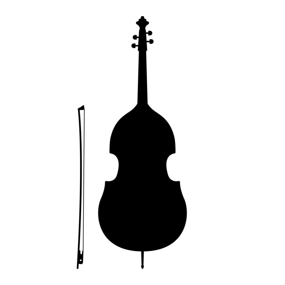 Cello silhouette with bow. Old wooden with strings black instrument violoncello from symphony orchestra with elegant sound and melodic sound notes vector