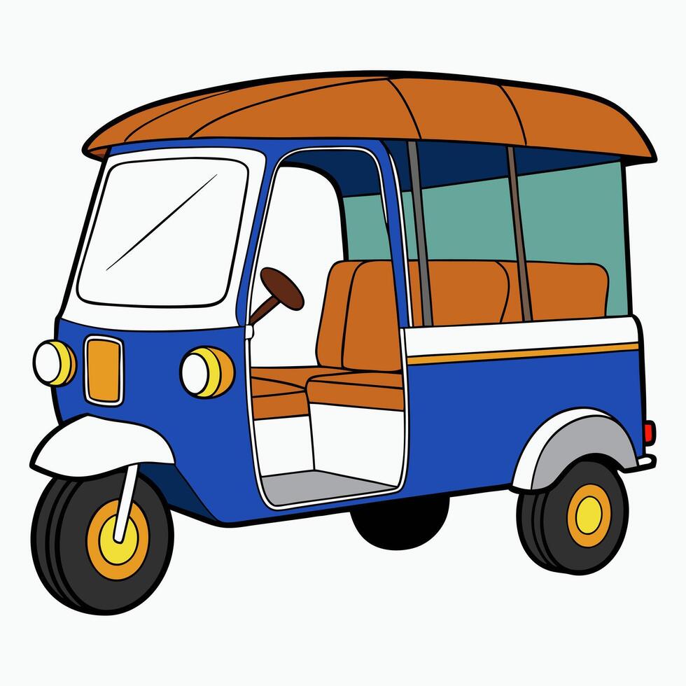 Cartoon blue tuk tuk isolated on white background.Tuk tuk taxi is a popular urban transport in Asia. Illustration vector