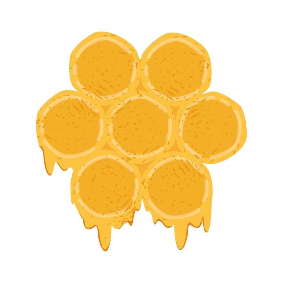Yellow honeycomb with bee honey flowing down, hand drawn in childish style with textures. Mosaic geometric honeycomb pattern with hexagonal cells, healthy organic sweet farm food vector