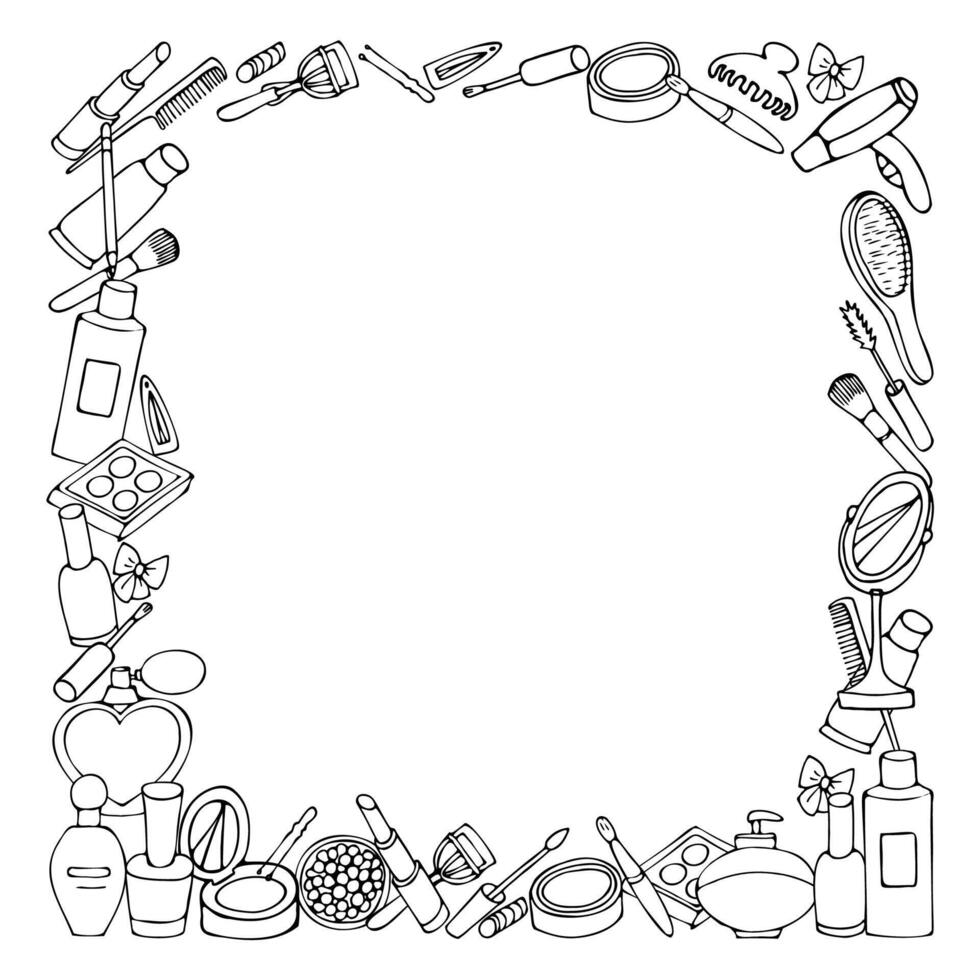 Square frame of hand drawn cartoon style cosmetics and perfume illustrations. Outline drawing. vector